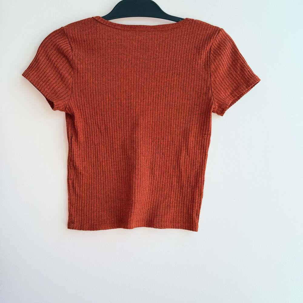 Rust Ribbed Notch Neck Short Sleeve Crop Top - Picture 2 of 2